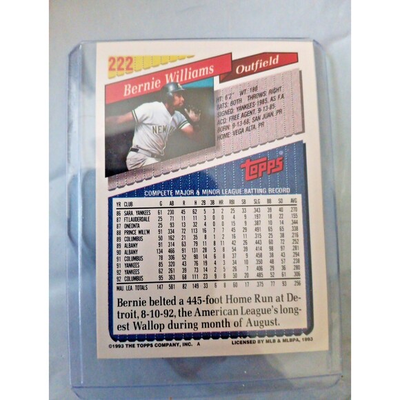 1993 Topps Baseball Card Bernie Williams New York Yankees #222 - Picture 2 of 2